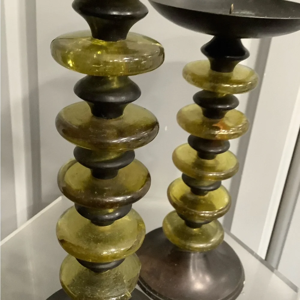 Z Gallerie Bronze and Olive Candle Hand Blown Glass Candle Sticks Holders